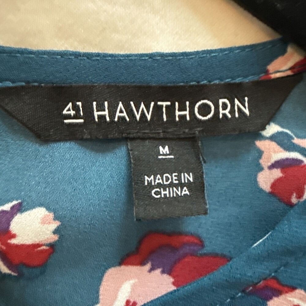 41 Hawthorne Stitch Fix Cap Sleeve Floral Blouse Medium Dark Teal Pink Flowers - Picture 3 of 5